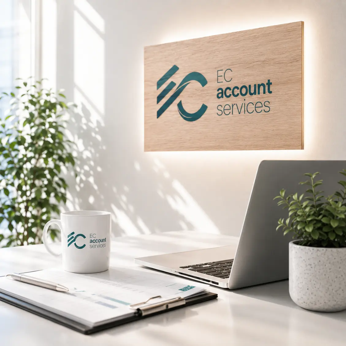 The EC Account Services sign in the office, above a desk with a laptop and financial reports