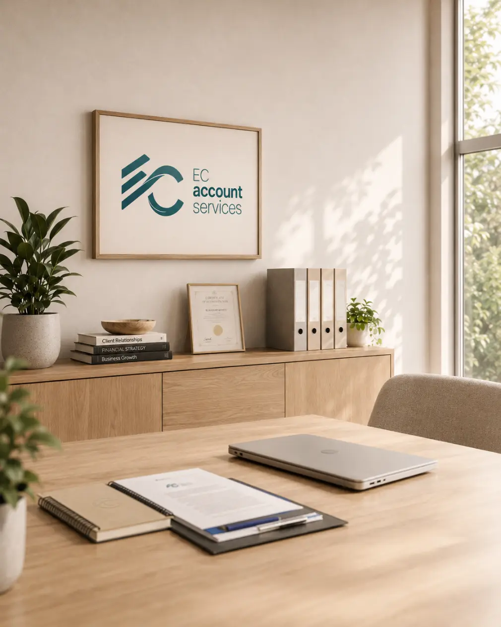 The EC Account Services office: the firm's logo framed above a desk with client files and reports